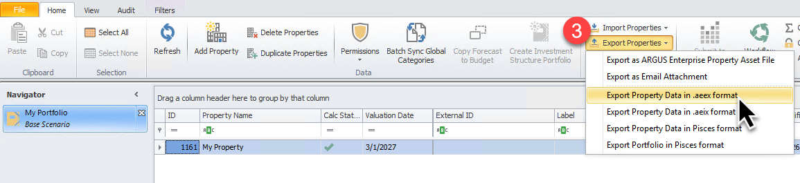 Export Properties menu with 'Export Property Data in .aeex format' highlighted
